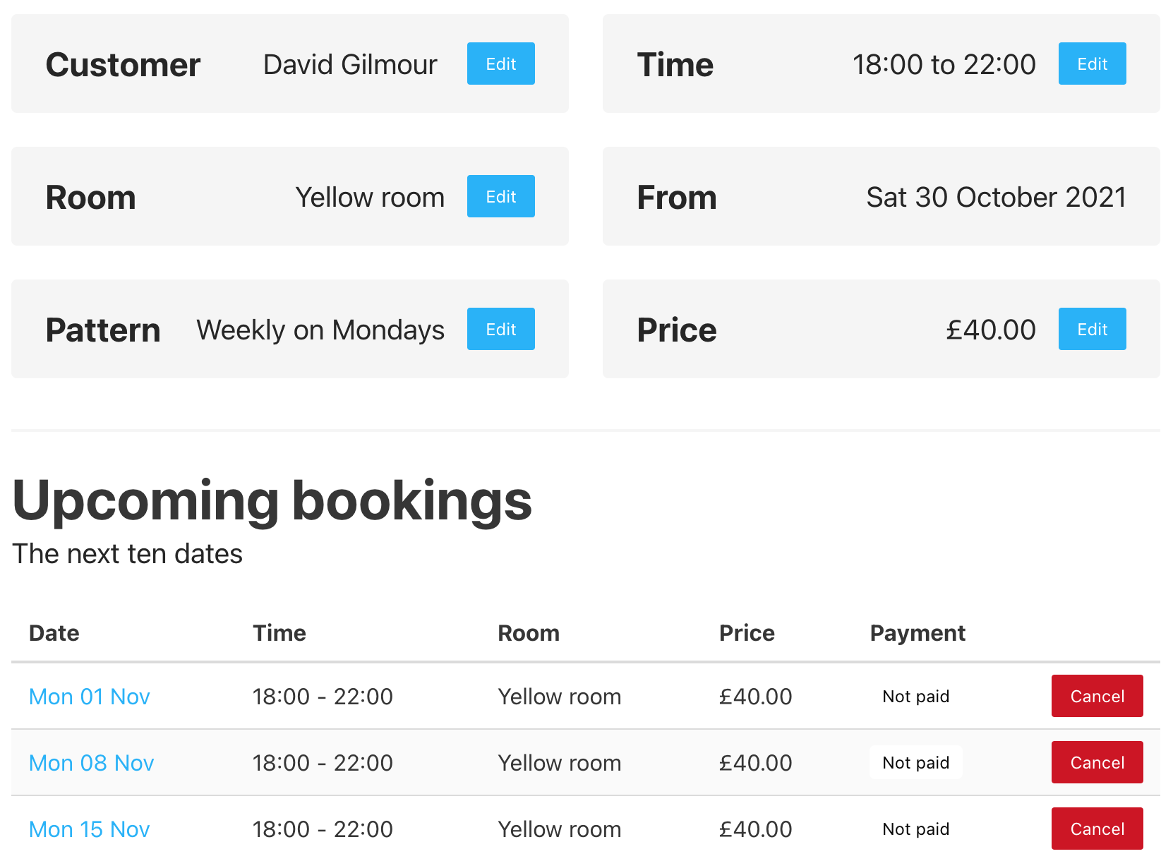 A regular booking details page for David Gilmour