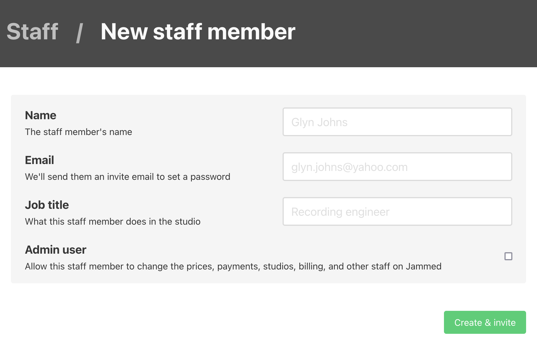 Invite new staff member to Jammed